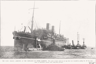 Passenger liner RMS MALOJA being floated off a reef outside Adelaide SA.