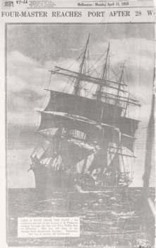 Unknown news article re the C B PEDERSEN at the Rip in 1935, travelled from Sweden to Melbourne in 198 days.