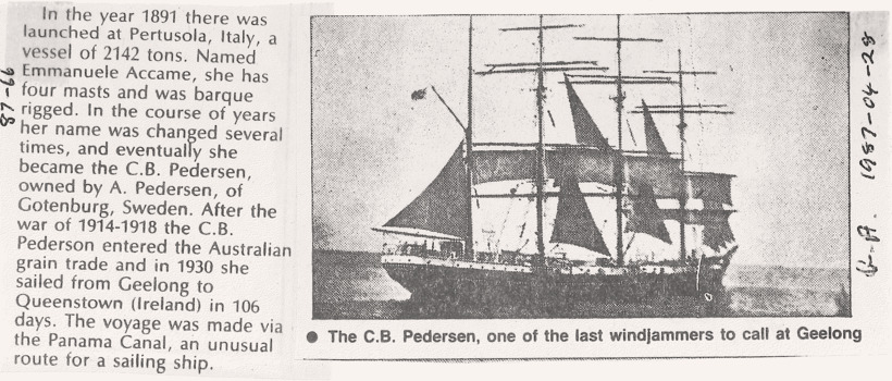 Article re C B PEDERSEN's trip to Ireland in 106 days via Panama Canal.