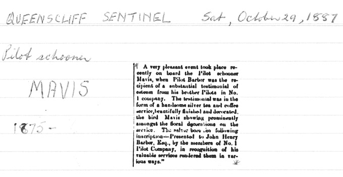 Pilot Mr. Barbor awarded for services rendered 1887.