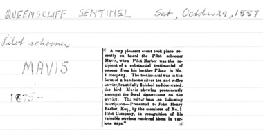 Pilot Mr. Barbor awarded for services rendered 1887.