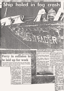 WYUNA & BASS TRADER fog collision 16 June 1972 reports by The Sun & the Age, Melbourne. 