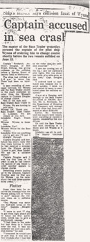 Bass Trader Master says WYUNA captain at fault in fog collision, c 1972.