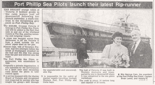 Pilot boat VICTORIA II being launched in 1986.
