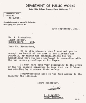 C O'Malley letter to A Richardson, lighthouse keeper, 19 Sept. 1963.