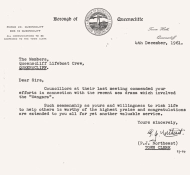 Letter re WANGARA rescue 4 Dec 1961 ex Borough of Queenscliffe