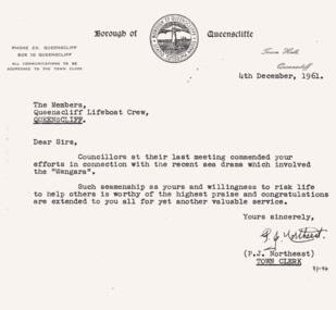 Letter re WANGARA rescue 4 Dec 1961 ex Borough of Queenscliffe