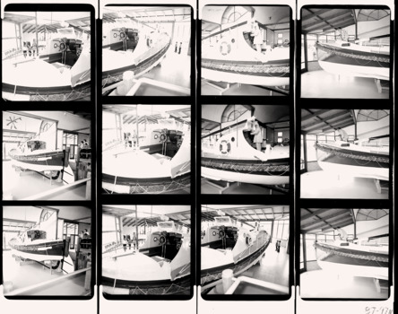 12 shot b&w negative proof sheet QMC interior & lifeboat, c1987.