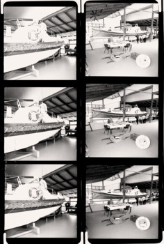 6 shot b&w negative proof sheet QMC interior & lifeboat, c1987.