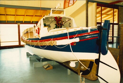 Recovered Queenscliffe lifeboat inside new maritime centre at Queenscliffe 1987.