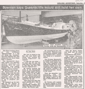 B&W photo of lifeboat QUEENSCLIFFE, incl. Lewis Ferrier ex crew member c1987.