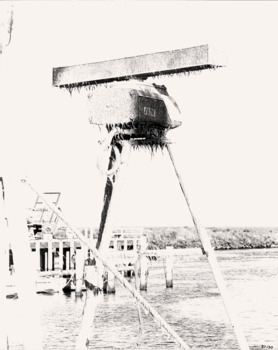 Radar tower detailing damage on re-floated cray boat PORTARLINGTON at Queenscliffe Creek.