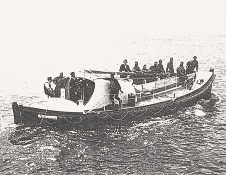 Lifeboat QUEENSCLIFFE at sea, mast down, b&w photo.