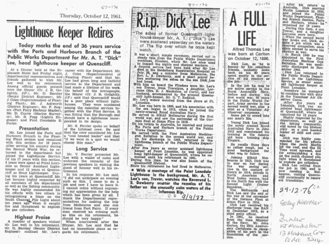 The news clippings re Dick Lee's impact on Queenscliffe as lighthouse keeper & lifeboat crew member.