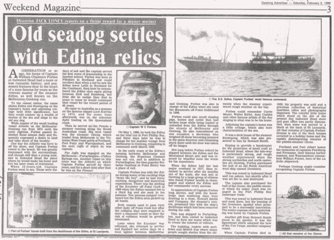 Newspaper short history of SS Adina & its captain.