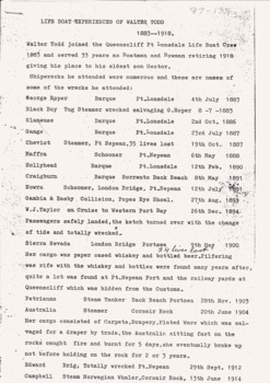 Walter Todd, typed list of wrecks attended.