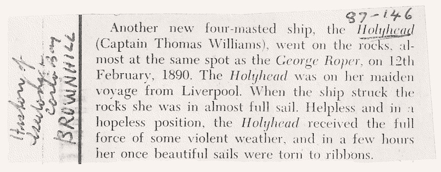 HOLYHEAD shipwreck notes by RW Brownhill's 1955 book.
