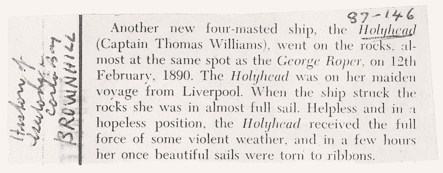 HOLYHEAD shipwreck notes by RW Brownhill's 1955 book.