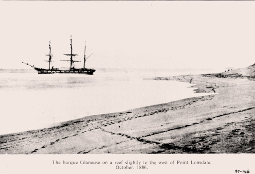 B&W photo of the GLANEUSE aground on reef at Point Lonsdale Oct 1886.