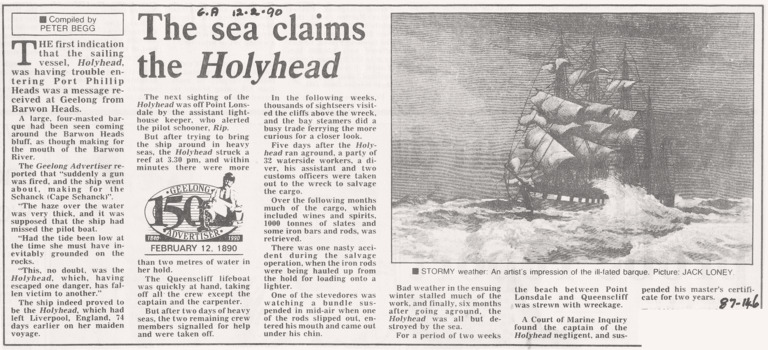 150 year anniversary newspaper article re HOLYHEAD shipwreck.