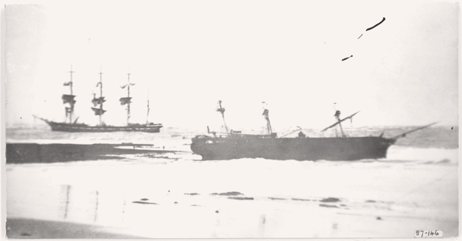 Two shipwrecks photographed in 1890 the GLANEUSE (foreground) & the HOLYHEAD (background) 