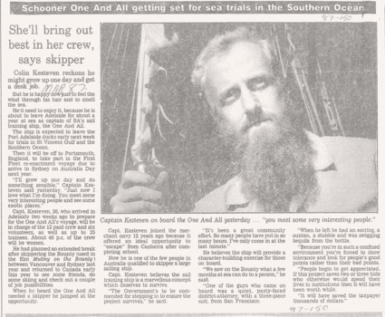 Advertiser article re Mr. C. Kesteven, new Captain of ONE & ALL, 1987.