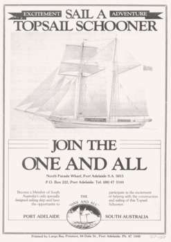 ONE & ALL flyer for sailing trips, 1987, obverse.