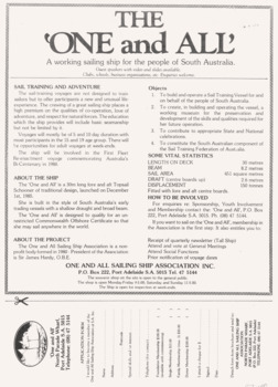 ONE & ALL flyer for sailing trips, 1987, reverse.