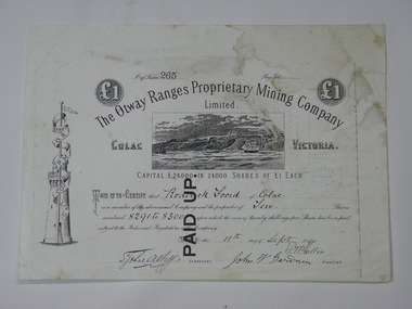 Share Certificate, Photocopy of The Otway Ranges Proprietary Mining Company Limited, issue 265 to Roderick Foord, 11/08/1890