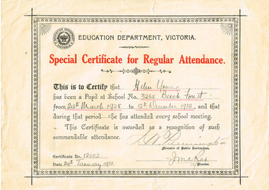 Certificate, Education Department, Victoria, Special Certificate for Regular Attendance, Education Department, Victoria, 24 January 1933