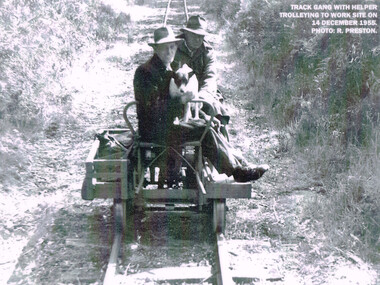 Photograph, R. Preston, Trolleying to work site, 1955, 14 December 1955