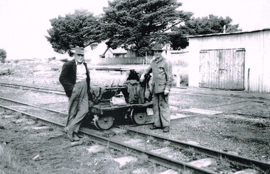 Photograph, Victorian Railway's repairers with their NKS motor trolley, 24 March 1954