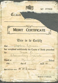 Certificate, Education Department, Victoria, Merit Certificate: Daphne Lawson, 6 December 1934
