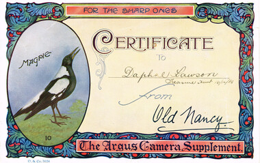 Certificate, The Argus Camera Supplement: Daphne Lawson, 1933