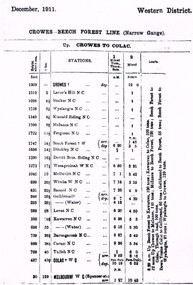 Timetable, Victorian Railways, Crowes-Beech Forest line: December 1911, December 1911