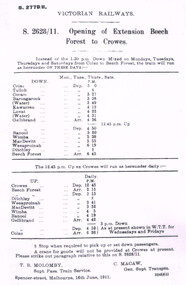 Timetable, Victorian Railways, Amendment to Opening of Extension, Beech Forest to Crowes, 16 June 1911