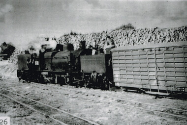 Photograph, Beech Forest: G42 in front of pulp wood stack, c.1950s