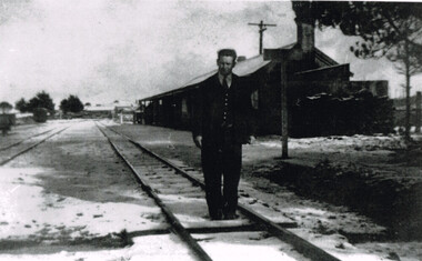 Photograph, Beech Forest Railway Station: Laurie McCabe in charge, 1920s