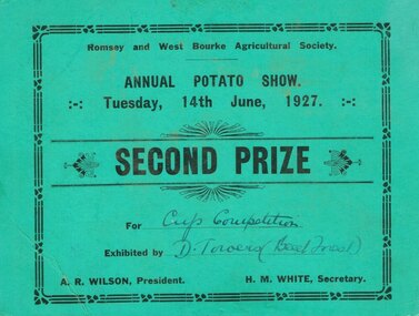 Prize, Romsey and West Bourke Agricultural Society, Potato Show, 1927