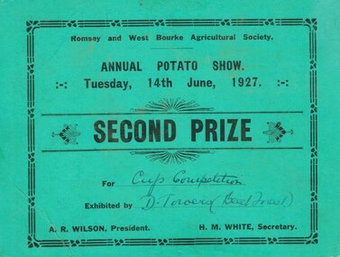 Prize, Romsey and West Bourke Agricultural Society, Potato Show, 1927, 1927