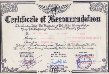 Certificate of Recommendation of a refugee