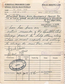 Certificate of Activities of a refugee in Bidong