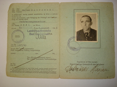 driving licence, Driver - License for Marian Dabrowski born on 22/12/1904 in Drozdowo Kr Lomrza domiciled in Bed Reichenhall Legitimations number DPG 09703260, 40s