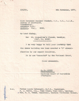 This document is a formal letter dated 9th November 1970 from the National Trust of Australia (Victoria) to Bishop Bernard Stewart. St. Augustine's Church in Bendigo has been awarded a "D" classification by the National Trust's expert committee. The church is now officially "recorded" by the National Trust. The letter is addressed to Bishop Bernard Stewart, with copies sent to Father Louis McDonnell (Eaglehawk), A. J. Watts (Town Clerk, Bendigo), and Mrs. R. R. Adams (Secretary, Central Victorian Branch).