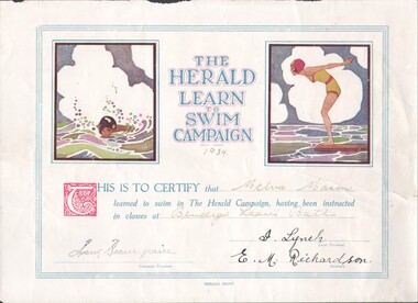 Certificate - The Herald Learn to Swim Campaign, 1934, Melva Mason, 09/09/2023