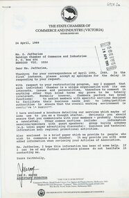 Document - Bendigo Chamber of Commerce letter from the Victorian State Chamber of commerce re re-structure, 1989