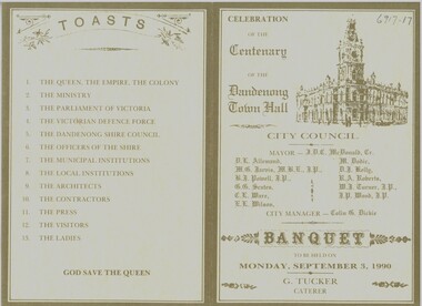 Print - Emu Creek Bush Band Collection: Banquet menu of the Celebration of the Centenary of the Dandenong Town Hall 1990