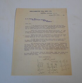 Letter - Kelly and Allsop collection: Amalgamated Hill End