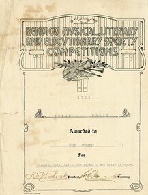 Certificate - Bendigo Musical, Literacy and Elocutionary Society, 1932