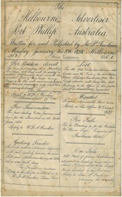 Newspaper - The Melbourne Advertiser No. 2 Vol. 1 (price sixpence) Published by John P. Fawkner. Original Hand-written Copy. Published weekly (30 copies per week)
